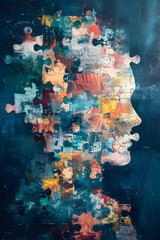 Abstract composition using puzzle pieces to represent the complexity and interconnectedness of mental health issues


