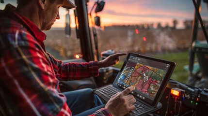 Farmer with GPS Map on Tablet at Twilight.
Farmer checking GPS mapping on tablet for precision agriculture at twilight. - obrazy, fototapety, plakaty