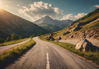 Landscape with rocks, sunny sky with clouds and beautiful mountain road with a perfect at sunrise in summer. Vintage toning. Travel background. Highway in european mountains