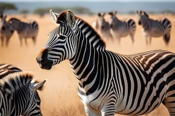 Fototapeta na wymiar A Herd of Zebra Standing on Top of a Dry Grass Field