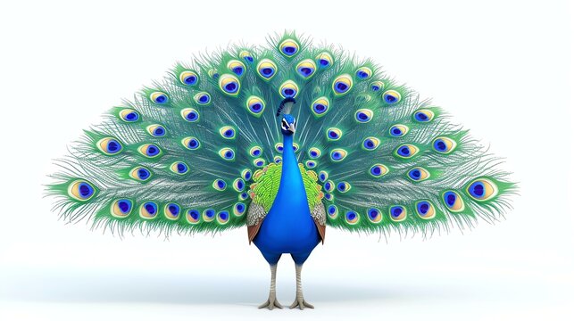 A delightful 3D peacock with vibrant plumage poised gracefully on a pristine white background. This enchanting stock image captures the charm and elegance of this iconic bird.
