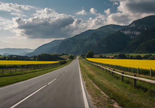Scenic Mountain Highway under Summer Sky with Green Countryside and Empty Road