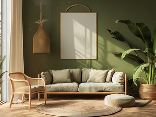 Clean minimalist interior design olive green with frame on top of a couch. Jungle decorated plants and natural light