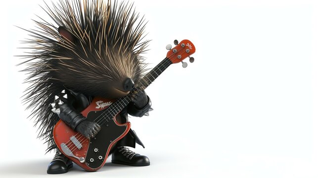 A 3D cute porcupine with an edgy punk twist, rocking a leather jacket and wielding an electric guitar, ready to ignite the stage with its musical prowess. This funky and unique stock image c