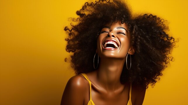 Portrayal of a dynamic black woman beaming with happiness on a coloured background