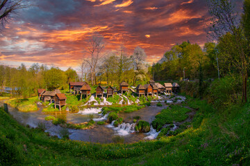 Historical wooden watermills in Jajce, Bosnia and Herzegovina - obrazy, fototapety, plakaty