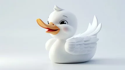 Fotobehang A delightful 3D swan figurine, exquisitely crafted with intricate details, perched gracefully on a pristine white background. The charming swan radiates elegance and innocence, making it a p © stocker