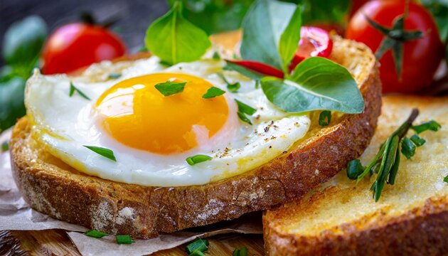 Fried egg with basil leaves on crusty bread. Tasty breakfast. Delicious food.