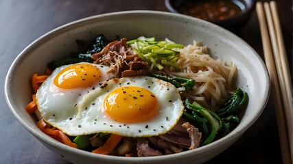 A typical Korean dish called bibimbap is created with pork, vegetables, and fried eggs.