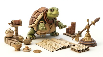 Adorable 3D turtle character transformed into an experienced ancient historian, surrounded by scrolls and ancient artifacts. This captivating stock image brings together cuteness and intelli