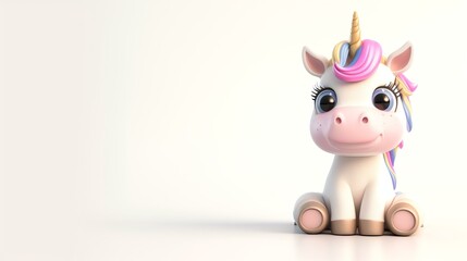 A magical 3D depiction of an adorable unicorn with vibrant colors and a playful pose, set against a crisp white background. Ideal for adding a touch of enchantment to any creative project or