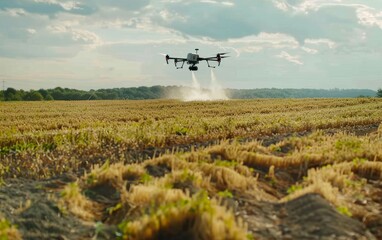 An advanced agricultural drone hovers over a soybean field, dispersing treatment for crop health in the midst of a sunny day, showcasing modern farming techniques.