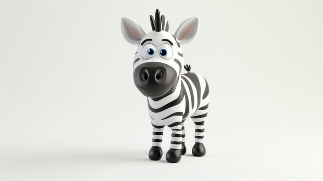 A delightful 3D rendering of a charming zebra, brought to life with vibrant colors and an endearing expression on a pristine white background. Perfect for projects that call for a touch of w