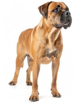 A powerful and obedient Boerboel dog, beautifully isolated on a white background, showcasing its strong and muscular build.