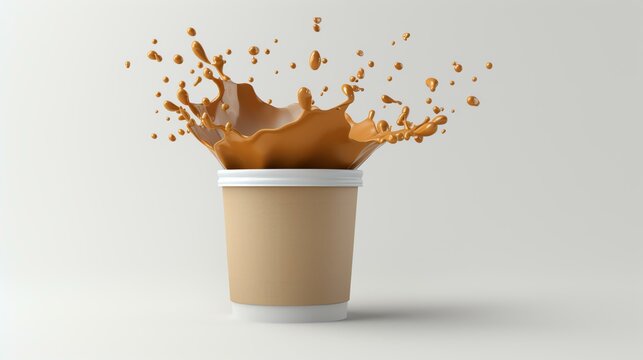 A sleek, 3D rendered coffee cup with a burst of liquid-in-motion, creating a captivating splash icon. This eye-catching image is perfect for graphic design, advertising, or any project that