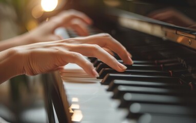 Obraz premium Close-up of delicate hands playing a piano, with a warm bokeh light backdrop. The image captures the essence of music and the intimacy of a performance.