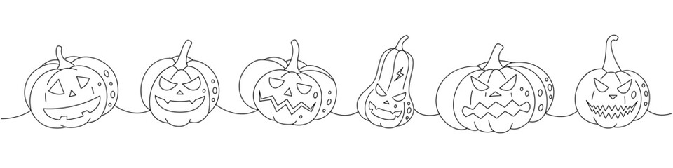 Pumpkins scary faces set. Autumn halloween pumpkins faces one line continuous drawing. Autumn halloween vegetables continuous one line illustration.