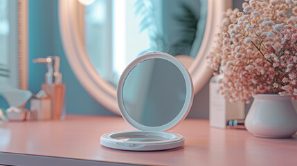 Minimalist dressing table with a stunning blank compact mirror mockup, showcasing its sleek casing and generous size, perfect for cosmetic branding. Enhance your beauty product presentations - obrazy, fototapety, plakaty