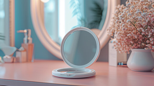 Minimalist dressing table with a stunning blank compact mirror mockup, showcasing its sleek casing and generous size, perfect for cosmetic branding. Enhance your beauty product presentations