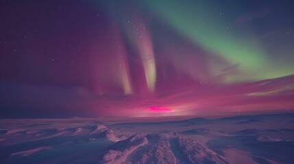 Breathtaking view of Aurora Borealis illuminating a snowy landscape, showcasing a mesmerizing blend of vibrant colors dancing across the night sky.