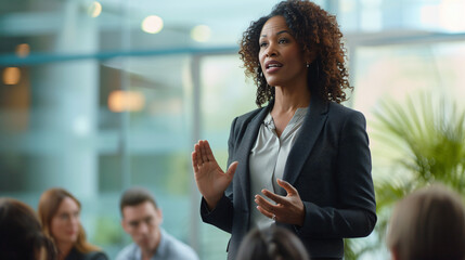 An exceptional businesswoman confidently delivering a powerful presentation in a modern conference room, representing strong leadership and corporate triumph. - obrazy, fototapety, plakaty