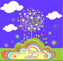 Childish greeting card with abstract decorative flowered cherry-tree or apple tree. Funny applique on blue background