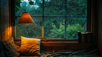 Cozy reading nook by raindrop-dappled window; soft light, rainstorm ambiance perfect for immersive reading.