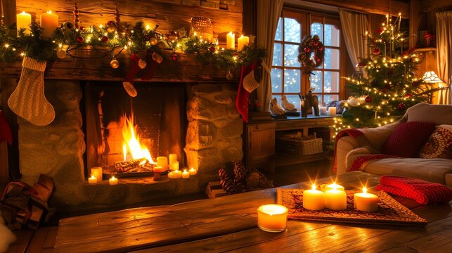 A tranquil winter haven awaits in this enchanting stock image. The roaring fireplace casts a gentle glow, illuminating a cozy living room adorned with festive holiday decor. Embrace warmth a