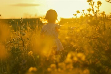 A child stands amidst wildflowers during a serene sunset.