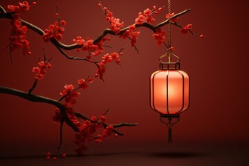 a red lantern from a branch with flowers