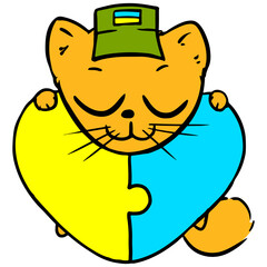 Red cat with Ukraine puzzle heart on white background. Stock vector military animal sticker for collecting donations and support Ukraine in the war.