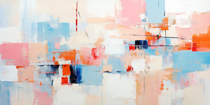 Fototapeta Abstract pale creamy pastel color contemporary oil paint brushstrokes texture pattern painting wallpaper background, art painting. Light blue, pink, orange backdrop