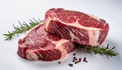 Fototapeta premium Two rib eye steaks one on top of another on white background. Raw beef meat.