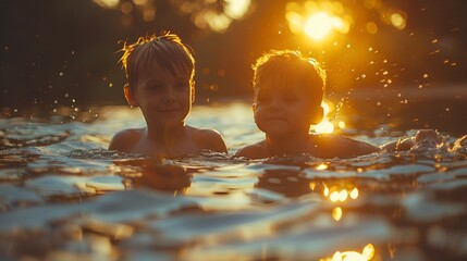 Two boys brothers at the beach active playing in the water, happy and glad, family vacation rest at the lake - obrazy, fototapety, plakaty