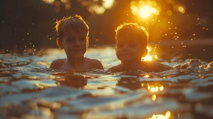 Foto op Canvas Two boys brothers at the beach active playing in the water, happy and glad, family vacation rest at the lake © HellSong