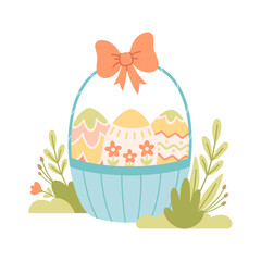 Basket with Easter eggs, flowers, bow. Happy Easter, spring time. Vector illustration in flat style