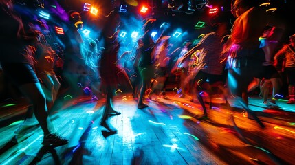 High-energy club scene with frozen motion and vibrant neon lights capturing the expressions of...