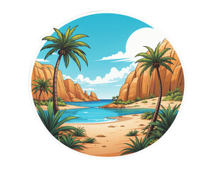 Fototapeta na wymiar illustrated tropical beach cove with palm trees. Sticker illustration 