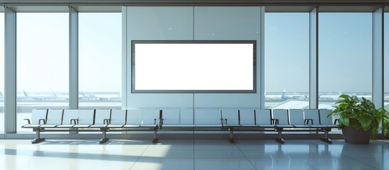 Indoor waiting room at an airport gate displaying a digital screen banner mock-up for public...