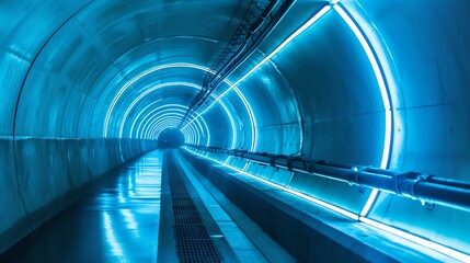 A mesmerizing, high-tech tunnel illuminated by captivating blue lighting transports you to a futuristic world of endless possibilities. Step into the future with this eye-catching pathway!