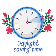 Daylight saving time .  Alarm clock with flowers and leaves.Clock set to an hour ahead.