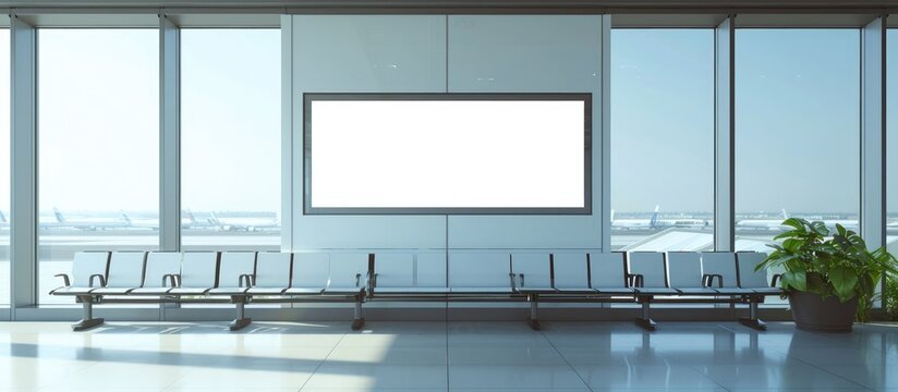 Indoor waiting room at an airport gate displaying a digital screen banner mock-up for public building purposes.