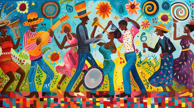 A vibrant and joyful image capturing the exuberance of people coming together to celebrate through music and dance. Splashes of color bring the scene to life, as individuals sway to the infe