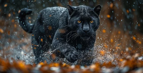 Tuinposter Monsoon Stalker: Black Panther in the Vibrant Embers of Autumn © Anagh