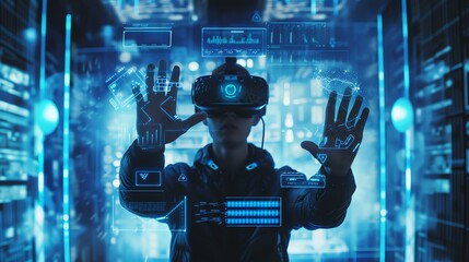 A tech-savvy man fully immersed in virtual reality as he engages with a captivating digital interface in stunning blue tones, using intuitive hand gestures to navigate the digital realm. - obrazy, fototapety, plakaty