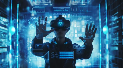 Fotobehang A tech-savvy man fully immersed in virtual reality as he engages with a captivating digital interface in stunning blue tones, using intuitive hand gestures to navigate the digital realm. © stocker