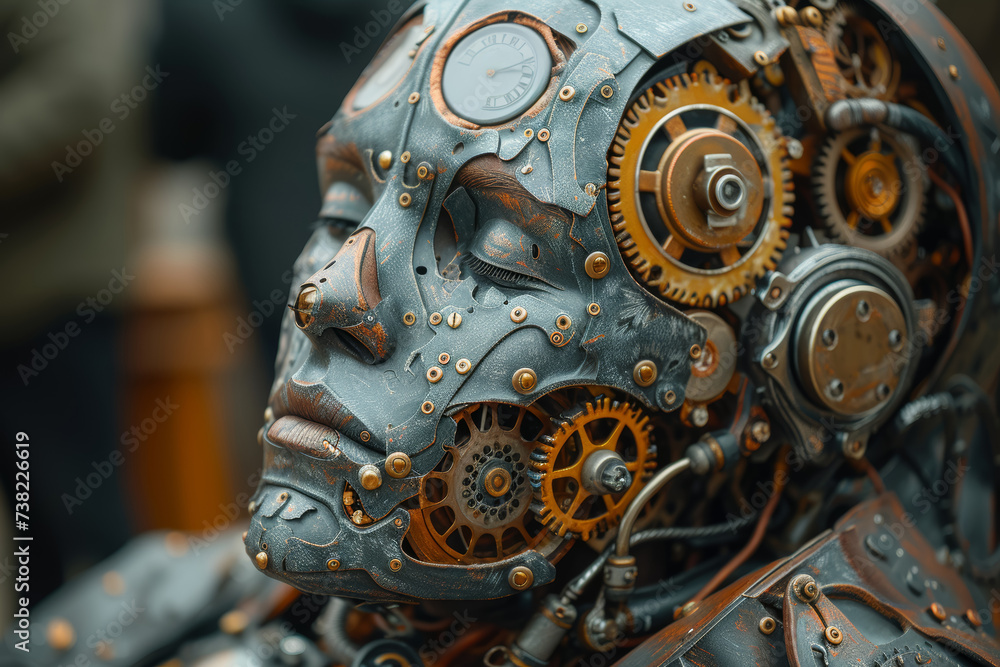 Poster a figure with clockwork mechanisms replacing body parts, visualizing the mechanistic aspects of cogn