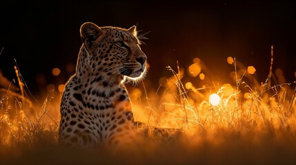 Twilight Glimmer: Leopard in the Golden Grass - obrazy, fototapety, plakaty