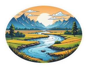 illustrated river flowing through a mountainous landscape at sunset. Sticker illustration
