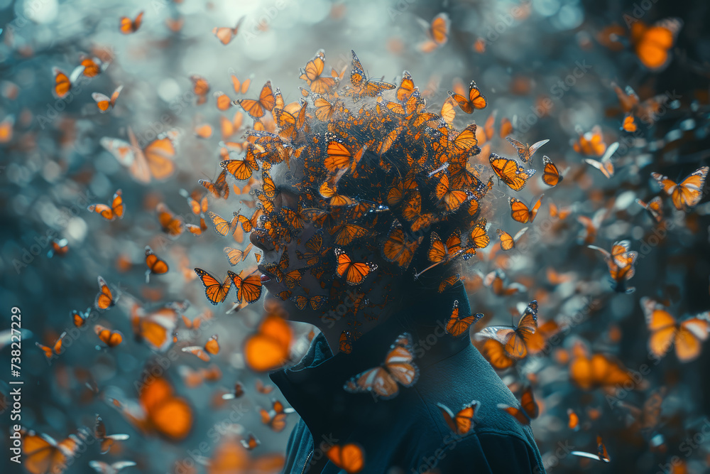 Poster an individual with a head dissolving into a swarm of butterflies, symbolizing the fleeting and trans